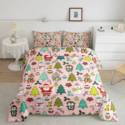 Miniatura 11 de Manfei Juego de edredón de Navidad, tamaño Queen, lindo muñeco de nieve, perros, copo de nieve, edredón con 2 fundas de almohada, juego de ropa