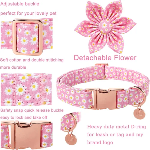 Miniatura 3 de Collar de verano para perro con flores, collar de algodón con bonitas flores, collar de flores rosas para cachorros, machos, hembras, perros