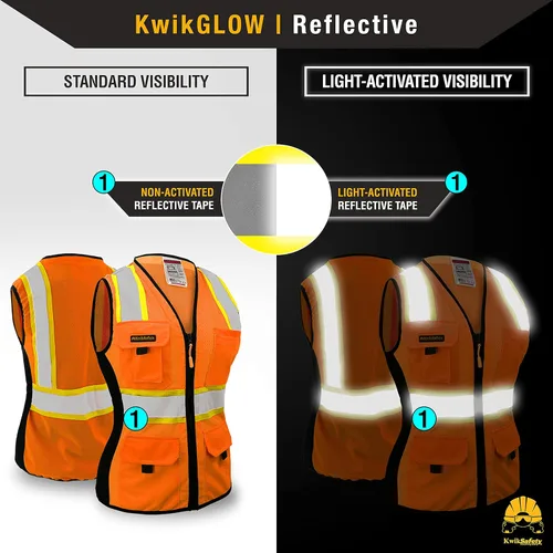 Miniatura 7 de KwikSafety - Charlotte, NC - Chaleco de seguridad para mujer, tiras reflectantes de alta visibilidad, cumple con ANSI y OSHA Naranja