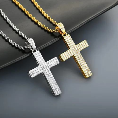 Miniatura 5 de STARCHENIE Collar de cruz de latón chapado en oro, colgante de crucifijo de circonita cúbica, cadena de cuerda de 24 pulgadas, Metal, Circonia cúbica