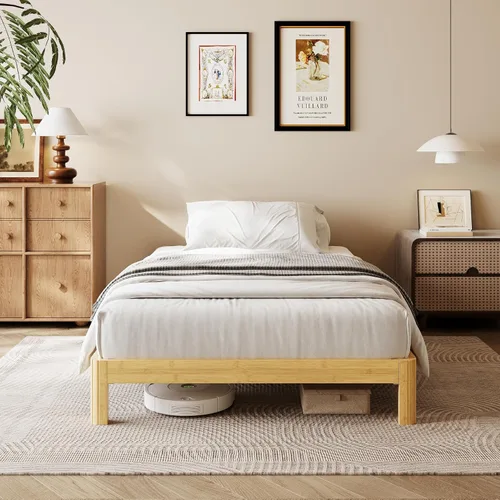 Miniatura 22 de Cama de plataforma de madera individual XL de 12 pulgadas, marco de cama de madera de mediados de siglo, tamaño individual XL, no necesita somier