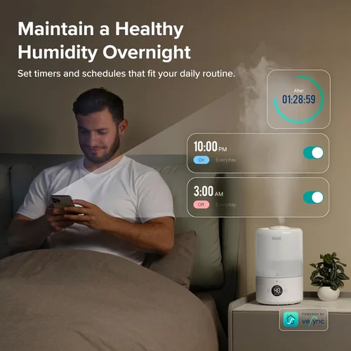 Miniatura 4 de LEVOIT Humidificadores inteligentes de llenado superior de niebla fría para dormitorio con sensor, ajuste automático de humedad, aplicación y Blanco