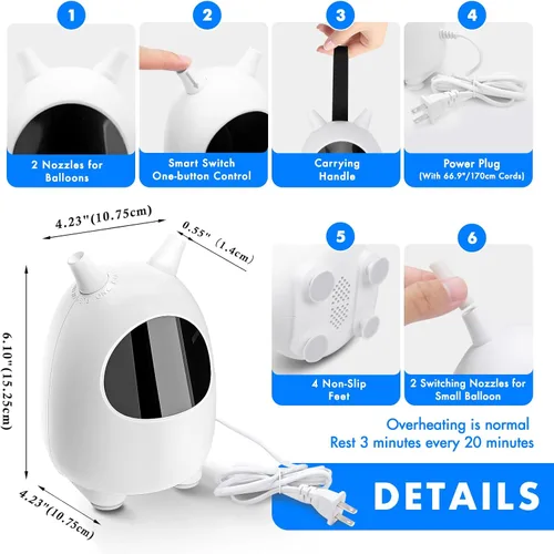 Miniatura 4 de Balloon Pump Electric, SPLAKS Balloons Inflator Air Pump Portable Balloon Blower for Garland Arch, Party Decoration Blanco
