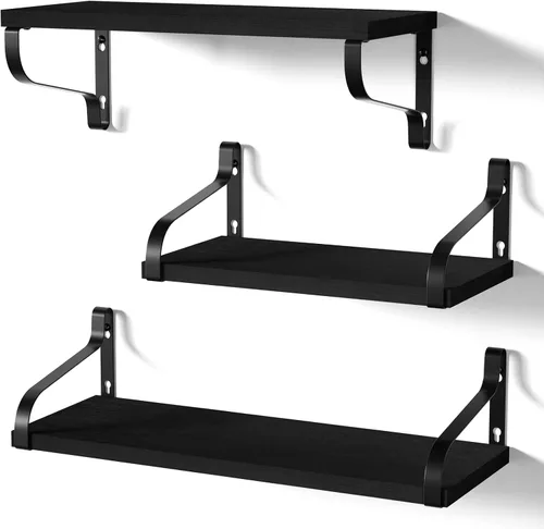 Miniatura 12 de Love-KANKEI Estantes flotantes montados en la pared de madera rústica, juego de 3 estantes para dormitorio, sala de estar, baño, cocina, color negro