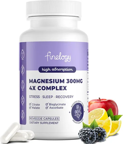 Complejo de magnesio 4X – Suplemento de magnesio de 300 mg con glicinato quelado, citrato, malato y ascorbato, alta absorción para el estrés, el