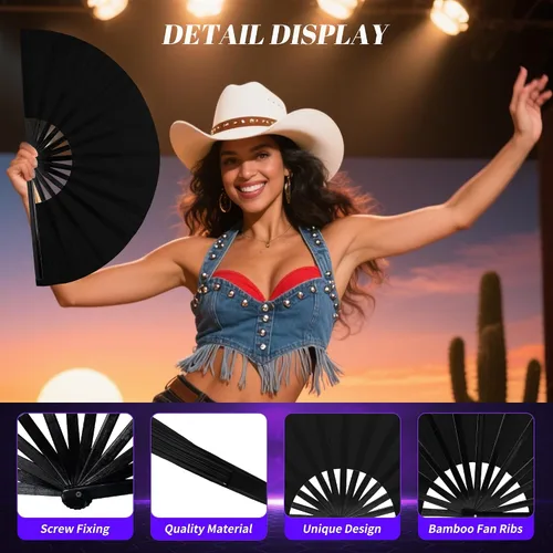 Miniatura 3 de Abanico de mano grande de 33 cm con luz UV para baile en línea, abanico plegable para botas, actuación, boda, fiesta - Abanico portátil de mano