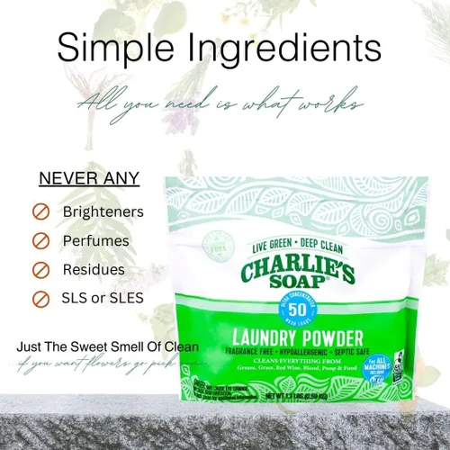 Miniatura 7 de Charlie's Soap Polvo de lavandería (50 cargas, 1 unidad) Detergente hipoalergénico en polvo de limpieza profunda – Respetuoso del medio ambiente