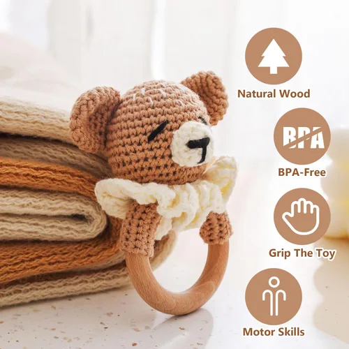 Miniatura 2 de Sonajero de madera para bebés,Sonajero de oso de ganchillo con anillo de madera, Juguete de sonajero de animales de madera recién nacidos,Juguetes