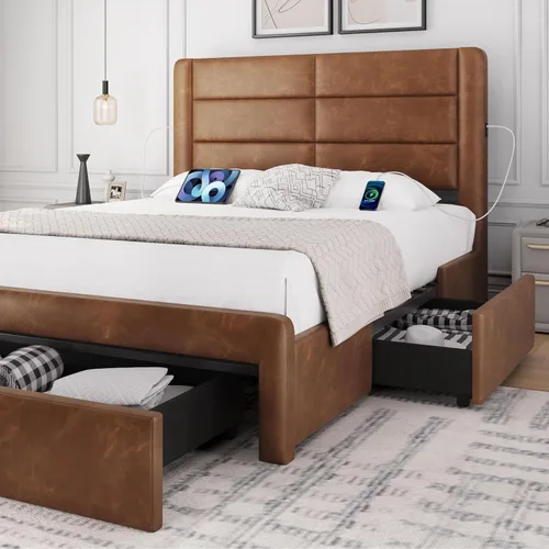 Miniatura 13 de Yaheetech Marco de cama tamaño completo con 2 estaciones de carga USB/puerto para tipo A y tipo C/3 cajones de almacenamiento, cama plataforma