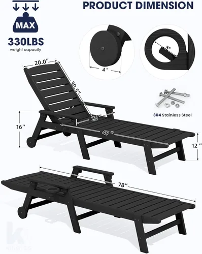 Miniatura 2 de KINGYES Sillón de polietileno de alta densidad para exteriores, tumbona reclinable para patio con portavasos para todo tipo de clima, tumbona