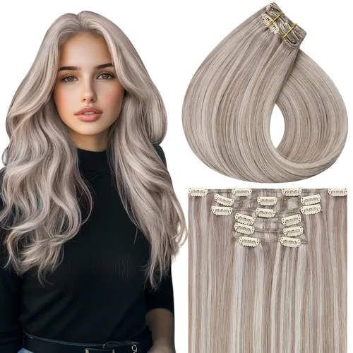Miniatura 18 de Vivien Extensiones de cabello humano con clip, color negro azabache, extensiones de cabello humano real con pinzas invisibles, doble trama, 14