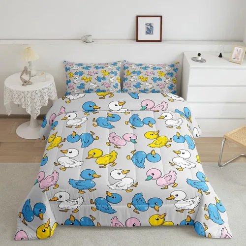 Miniatura 51 de Erosebridal Juego de ropa de cama a cuadros azul para niños, juego de cama individual con diseño de patos amarillos de dibujos animados, juego