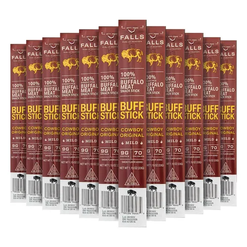 Falls Family Ranches - Buff Sticks Cowboy Original (caja de cartón) - Suave - 0.32 oz de proteína - 0.00 oz de azúcar - 70 calorías - Paquete de 12
