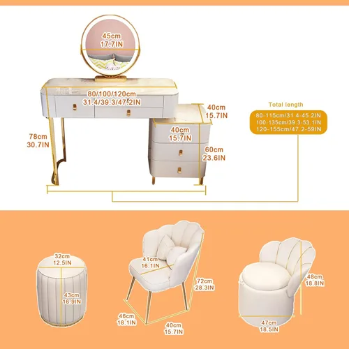 Miniatura 2 de Tocador, tocador de maquillaje con taburete acolchado, tocador con espejo iluminado LED y mesa auxiliar, mesa de maquillaje con 3 cajones
