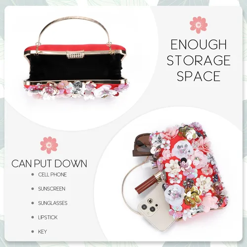 Miniatura 5 de KUANG! Bolsos de noche con flores florales para mujer, bolsos de mano coloridos con diamantes de imitación, bolso de hombro con cadena de boda