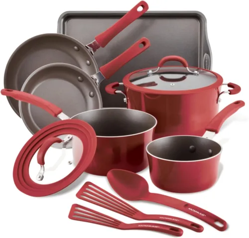 Miniatura 18 de Rachael Ray Cook + Create - Juego de ollas y sartenes antiadherentes, incluye bandeja para hornear y utensilios de cocina, 10 piezas - color almendra