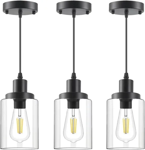 Luces colgantes industriales, iluminación colgante moderna de pantalla de vidrio transparente, lámpara colgante negra, lámpara colgante de granja