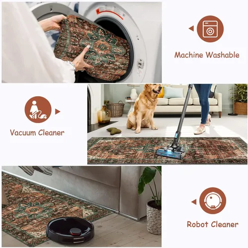 Miniatura 3 de Moynesa Alfombra Lavable Vintage para Baño, Alfombra Pequeña de Área 2x3 para Entrada Alfombra para Puerta Interior, Alfombras de Cocina Boho Rojo