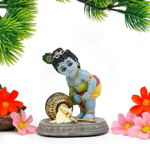Miniatura 7 de Estatua de ídolo hindú de Krishna – 3.7 pulgadas de alto pequeño ladrón de mantequilla Makhan para decoración de tablero de automóvil, regalo