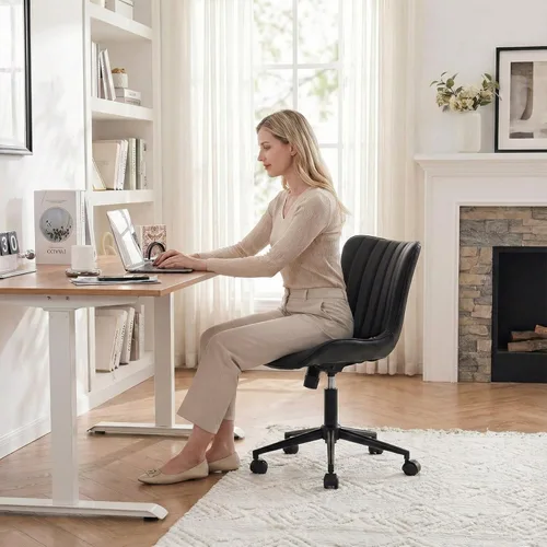 Miniatura 7 de YOUNIKE Silla de escritorio compacta negra para oficina en casa con ruedas, silla de tocador linda sin brazos cómoda con respaldo basculante