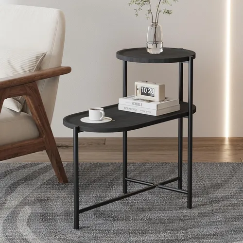 Miniatura 8 de Mesa auxiliar redonda de 2 niveles con extremo de café irregular, mesa pequeña con marco de metal para sala de estar, dormitorio (negro)