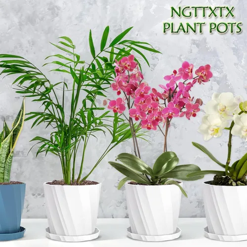 Miniatura 7 de Macetas de 8 pulgadas con agujeros de drenaje y platillos - Macetas para plantas de interior - Macetas de plástico blanco para plantas al aire libre