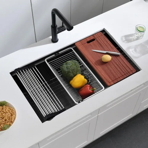 Miniatura 7 de Fregadero de cocina negro 32 para montaje inferior, 32 x 19 x 10 pulgadas, fregadero de cocina de acero inoxidable negro calibre 16, fregadero