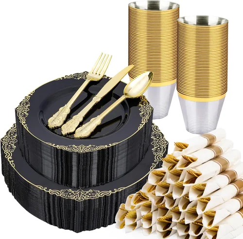 Miniatura 8 de Realluck 350 piezas platos de plástico blanco y dorado, juego de vajilla de plástico para 50 invitados, 100 platos desechables, 150 cubiertos, 50