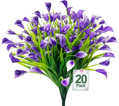 Miniatura 13 de TURNMEON 12 paquetes de flores artificiales de lirio de cala (240 cabezas), plantas falsas para exteriores, plantas falsas resistentes a los rayos