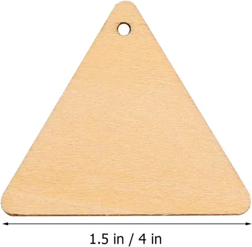 Miniatura 6 de 100 piezas de recortes de madera para manualidades, triángulo, madera, pintura inacabada, piezas de madera, rebanadas con agujero colgante, adornos