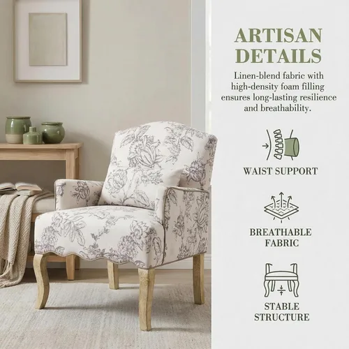 Miniatura 4 de Silla decorativa floral cómoda de tela, cómoda silla de lectura tapizada moderna con almohada extraíble con respaldo alado para sala de estar, Beige