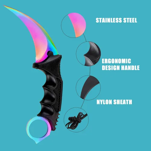 Miniatura 4 de Cuchillo Karambit de hoja fija de 3 piezas, herramienta de campamento, cuchillo de caza al aire libre con funda y cable, adecuado para senderismo