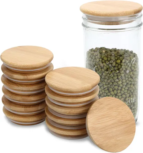 Miniatura 8 de Tapas para frascos de masón, tapas reutilizables para tarros de bambú de vidrio de grado alimenticio, sellado de silicona de material de grado Bambú