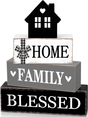 Cinnvoice Decoración rústica de mesa de granja, letreros de bendición para decoración del hogar, letrero de madera neutral para la familia, centro