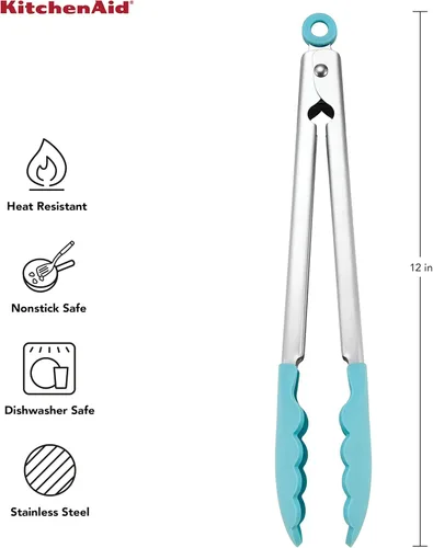Miniatura 4 de KitchenAid Pinzas de acero inoxidable con punta de silicona, 12 pulgadas, Aqua Sky aguamarina (Aqua Sky)