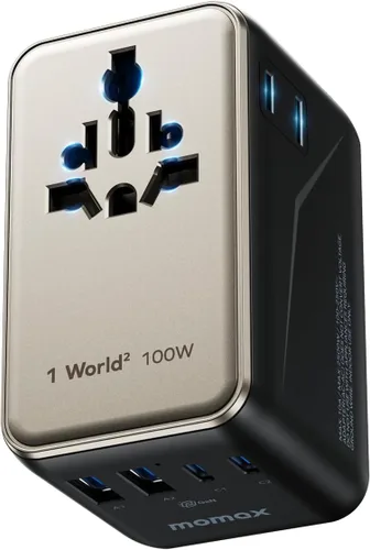 Miniatura 13 de MOMAX Mini Adaptador de Viaje Universal 7 en 1, Adaptador de Corriente Internacional GaN 70W, 2 AC, 3 USB-C PD de Carga Rápida y 2 USB-A QC, Negro