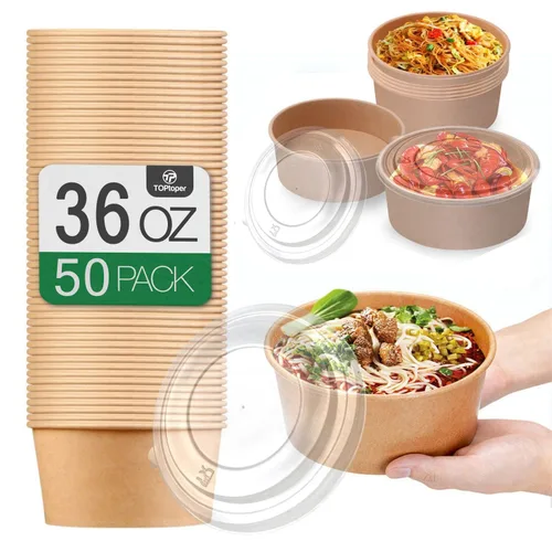 Miniatura 10 de TOPtoper Paquete de 50 cuencos de papel grandes de 25 onzas con tapas, cuencos desechables para servir sopas, suministros de fiesta a granel