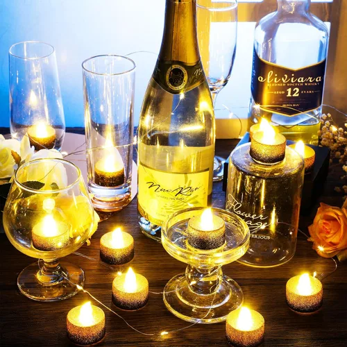 Miniatura 7 de Retisee 48 velas LED sin llama, velas falsas eléctricas con purpurina dorada y negra para centros de mesa, funciona con pilas, decoraciones