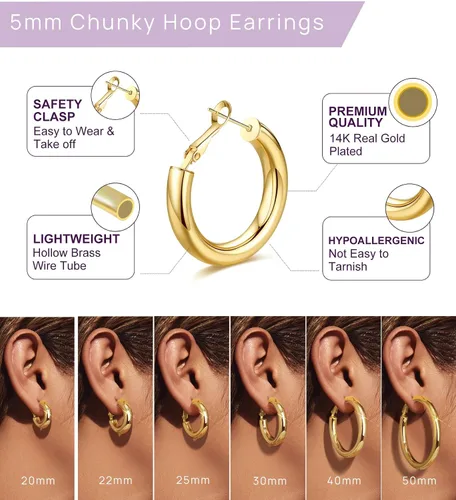 Miniatura 4 de wowshow Aretes de aro gruesos Howllow chapados en oro de 14 quilates para mujer