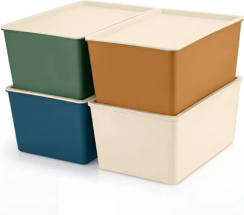Miniatura 13 de Menkxi 4 Piezas Contenedores de Almacenamiento con Tapas Contenedores Apilables de Plástico para Organizar Estantes Caja de Adornos Navideños Cestas