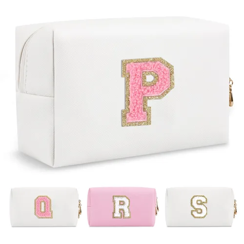 Miniatura 144 de Pequeña bolsa de maquillaje personalizada con inicial A-Z Preppy Patch, bolsa de cosméticos de viaje de felpilla blanca con cremallera, bonita bolsa