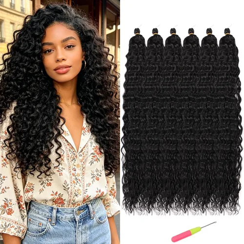 Miniatura 30 de MAYSA Extensiones de cabello sintético de ganchillo con ondas oceánicas, color 4 marrón, 22 pulgadas, rizado trenzado, extensiones de cabello