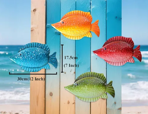 Miniatura 4 de ShabbyDecor Juego de 4 piezas de decoración de pared colgante de peces de metal del océano costero para sala de estar, dormitorio, baño, habitación