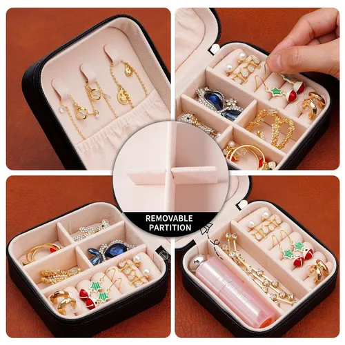 Miniatura 5 de Mini joyero portátil de viaje de cuero para joyas, organizador de anillos, caja de regalo de almacenamiento, para niñas y mujeres (negro).