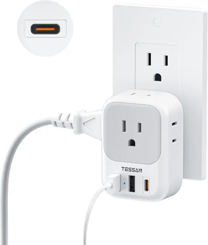 Miniatura 8 de TESSAN Bloque de cargador USB C de 20 W PD, adaptador de carga rápida con enchufe plegable, extensor de toma de corriente de 1875 W (4 CA y 4 USB)