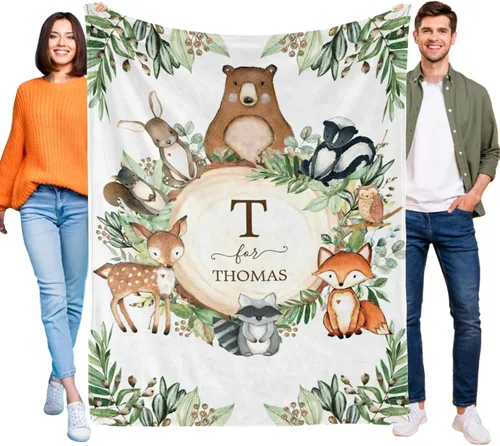 Miniatura 20 de Manta de bebé personalizada de animales del bosque para niños y niñas, manta de bebé personalizada con nombre Adventure Awaits Stuff recién nacido