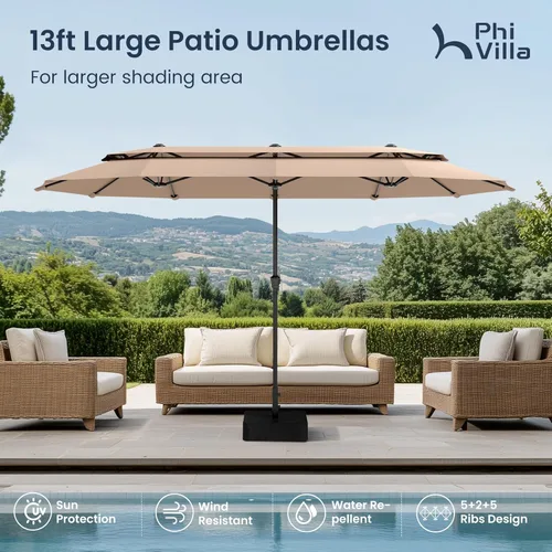 Miniatura 3 de PHI VILLA Sombrillas para patio al aire libre de 13 pies con base incluida, sombrilla rectangular de doble cara de 2 niveles para exteriores
