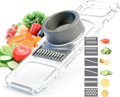 ZKIRON Cortador de mandolina para cocina, cortador de verduras multifuncional 6 en 1 con cuerpo transparente y protector de mano seguro, rebanador