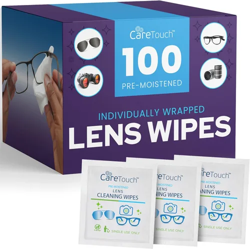 Care Touch Toallitas para Lentes de Anteojos - 100 Unidades de Toallitas Prehumedecidas Envueltas Individualmente, 5 x 6 Pulgadas - Limpiador de