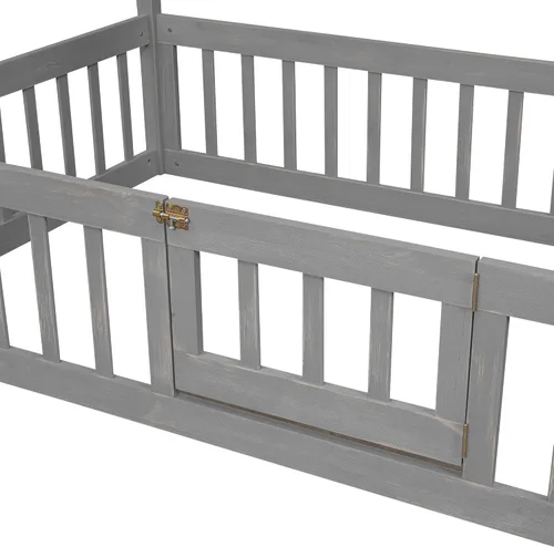 Miniatura 7 de Quarte Cama de madera de tamaño individual con valla y puerta, cama de madera en el suelo para niños y niñas, fácil montaje (gris lavado/valla y D1)